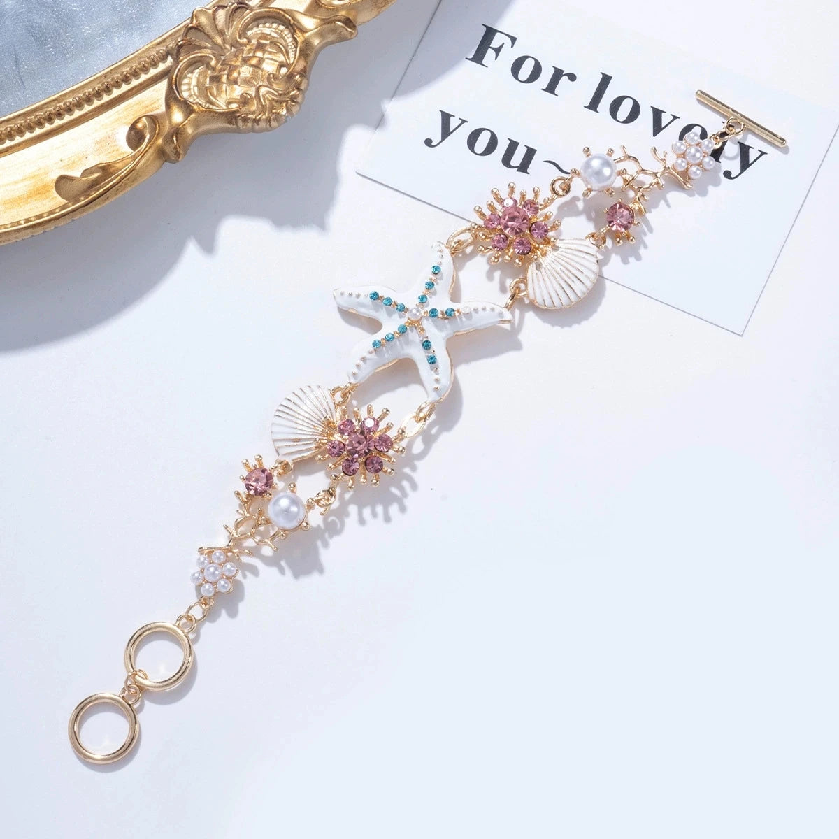 Starfish Shell Crystal and Pearl Boho Bangle Bracelet