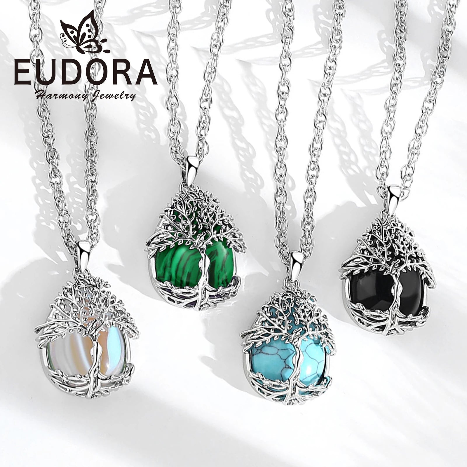Tree of Life Multi-Crystal Pendant Necklace, Obsidian Amethyst Turquoise Healing Amulet