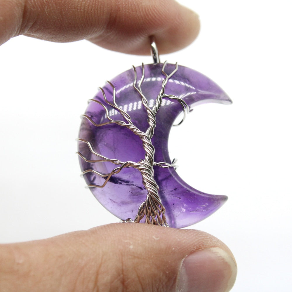 7 Chakras Tree of Life Necklace Wire Wrap Crescent Moons Amethyst Crystal Pendants Quartz Natural Stone Agates Aventurine Make