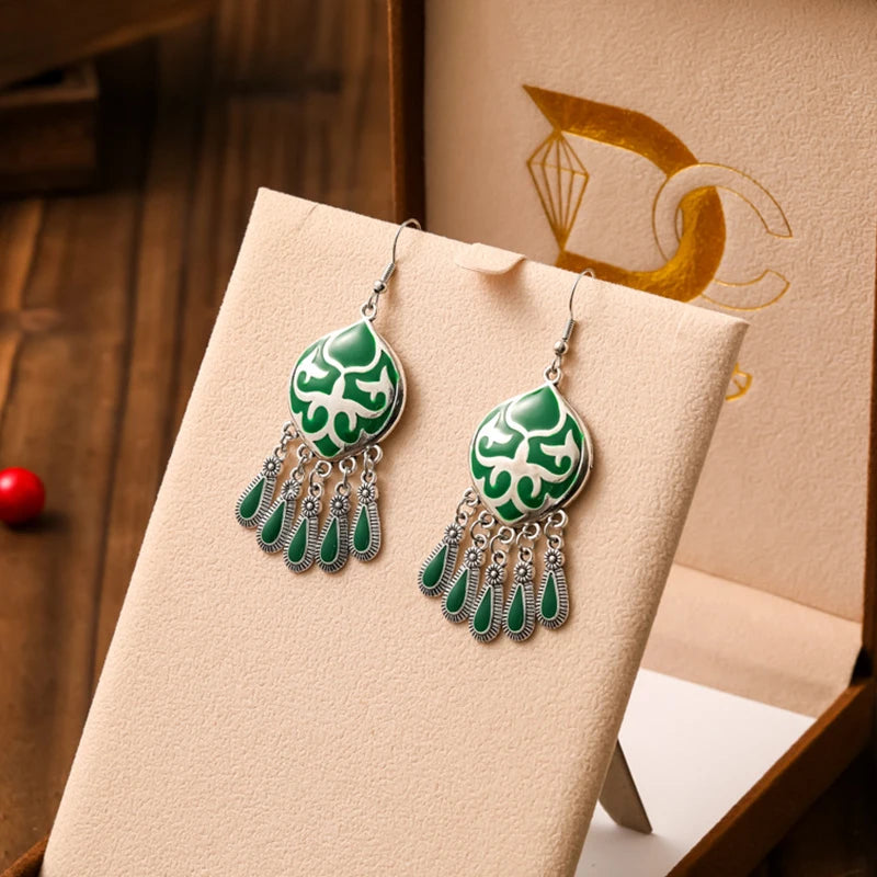 Green Enamel Feather Crystal Drop Earrings Jewelry