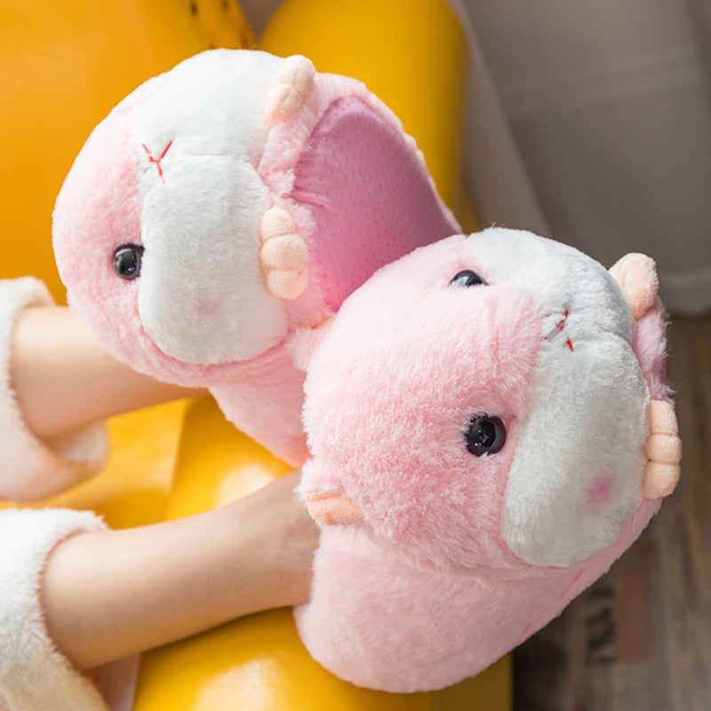 Cute Cartoon Hamster Design House Women Fur Slippers Gray Pink Brown Winter Warm Ladies Plush Shoes Onesize Fluffy Girls Slides