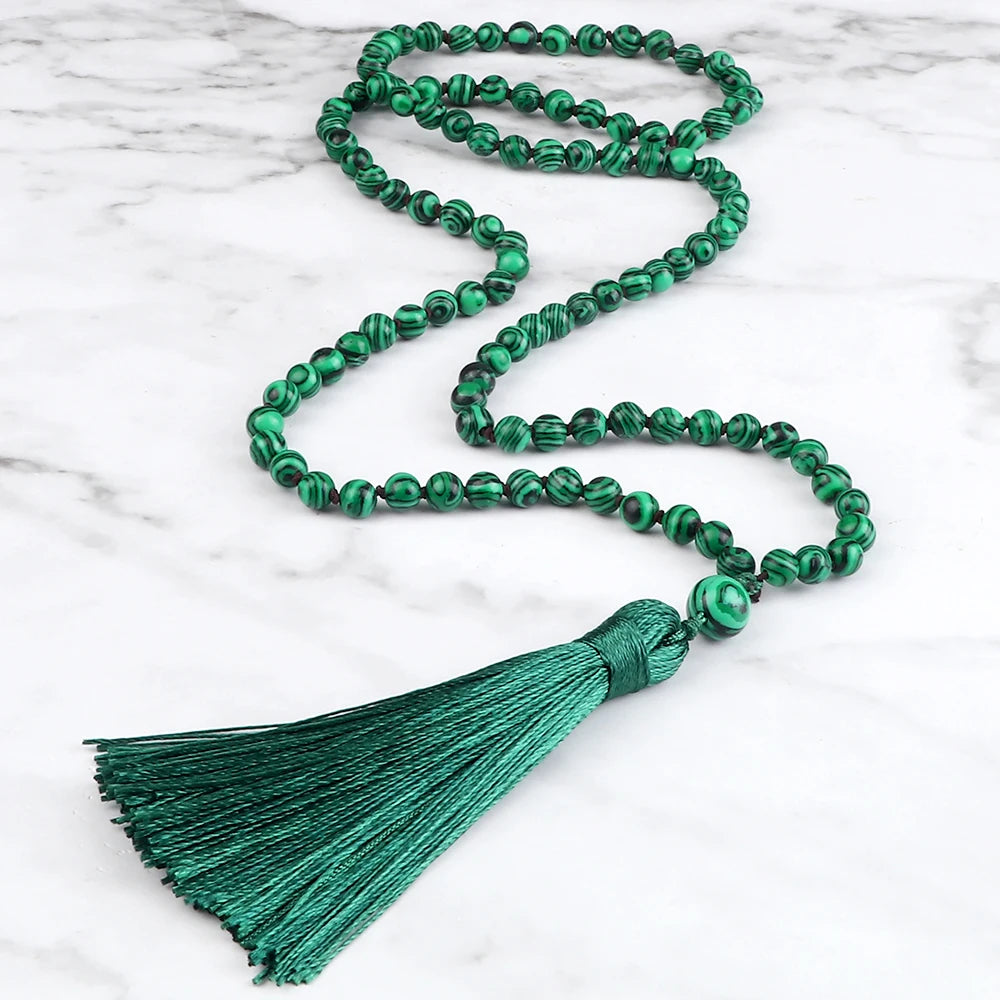 Men Natural Malachite Stones Necklaces Boho 108 Tiger Eye Beads Handmade Necklace with Tassel Yoga Medit Jewelry Gifts For Women - Charlie Dolly