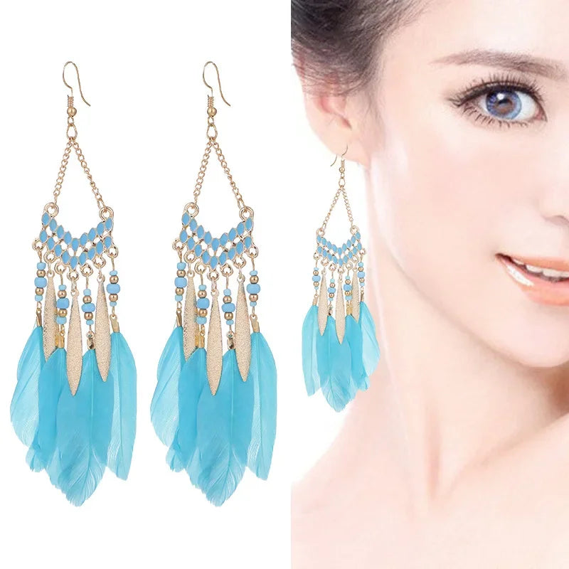 Feather Colorful Bead Long Tassel Earrings Jewelry