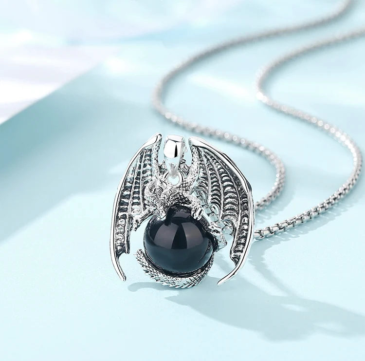 Natural Obsidian Dragon Ball Pendant Necklace, Black Healing Crystal Protection Amulet