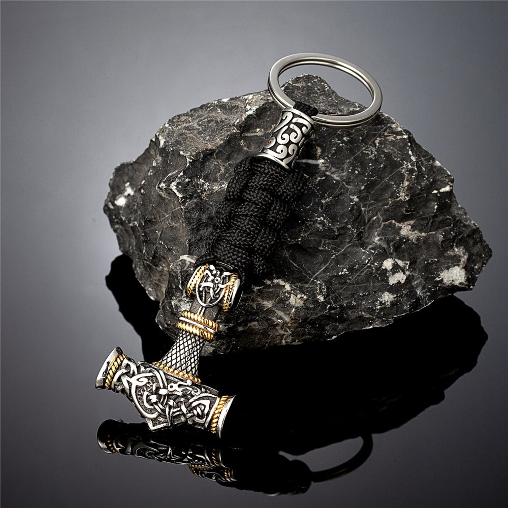 Norse Thor's Hammer Vikings Keychain Men Charm Braided Lanyard Stainless Steel Keyring Valknut Rune Handmade Retro Jewelry