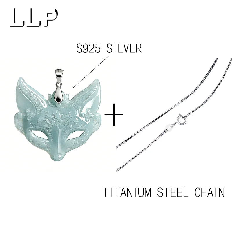 S925 Sterling Silver Hand-Carved Jade Fox Mask Pendant Necklace, Sacred Kitsune Amulet