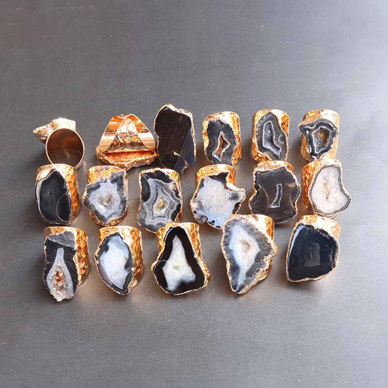 Irregular Geode Stone Agate Slices Open Ring Unisex Black Color Boho Resizable Finger Jewelry - Charlie Dolly