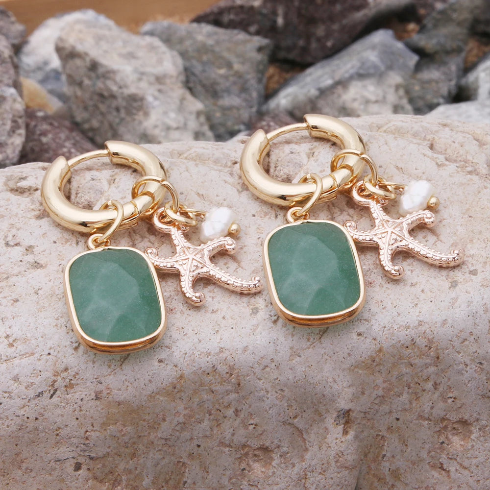 Pendant Earrings For Woman Boho Natural Stone Clover Malachite Powder Crystal Bohemia Charm Ear Luxury Quality Jewelry Girls - Charlie Dolly