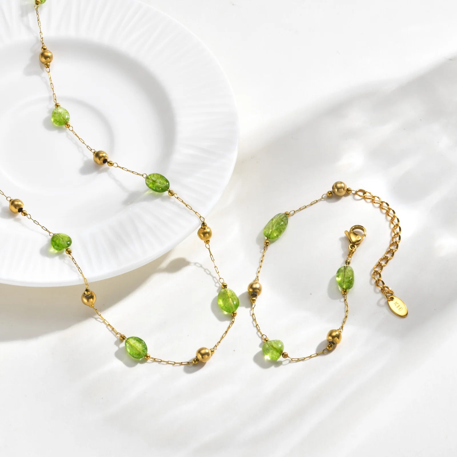 Vnox Stainless Steel Natural Green Stones Spacer Bead Thin Chain Bracelet Summer Boho Seaside Vacation Choker Bracelet Jewelry - Charlie Dolly