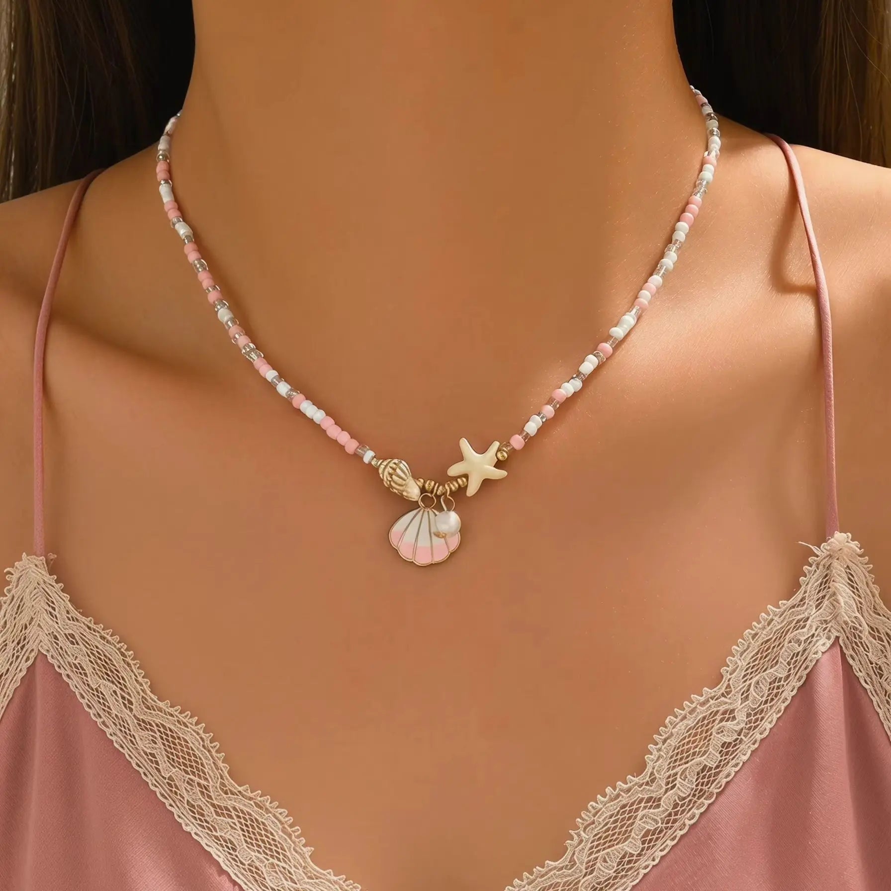 Pink Pearl and Shell Beaded Choker Necklace