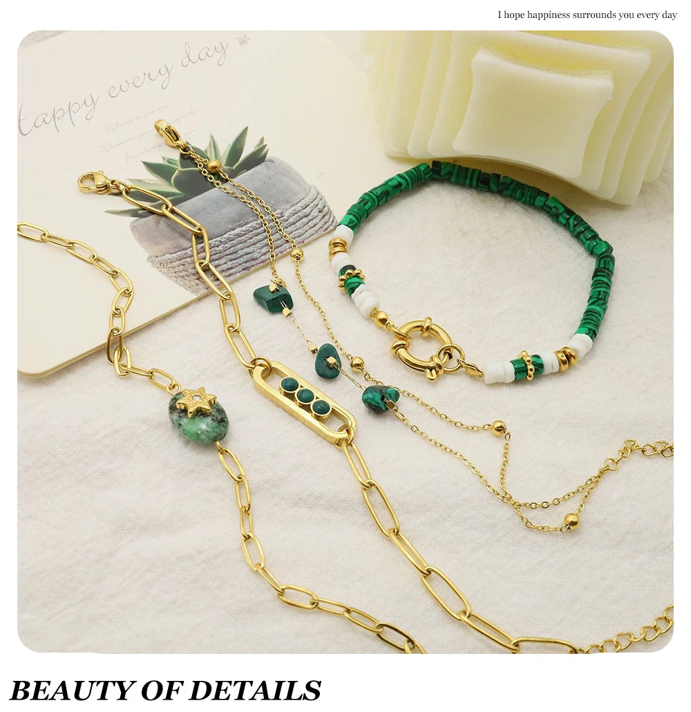 WILD & FREE Boho Vintage Green Natural Stone Bracelets for Women Stainless Steel Trendy Charms Aesthetic Jewelry Set - Charlie Dolly