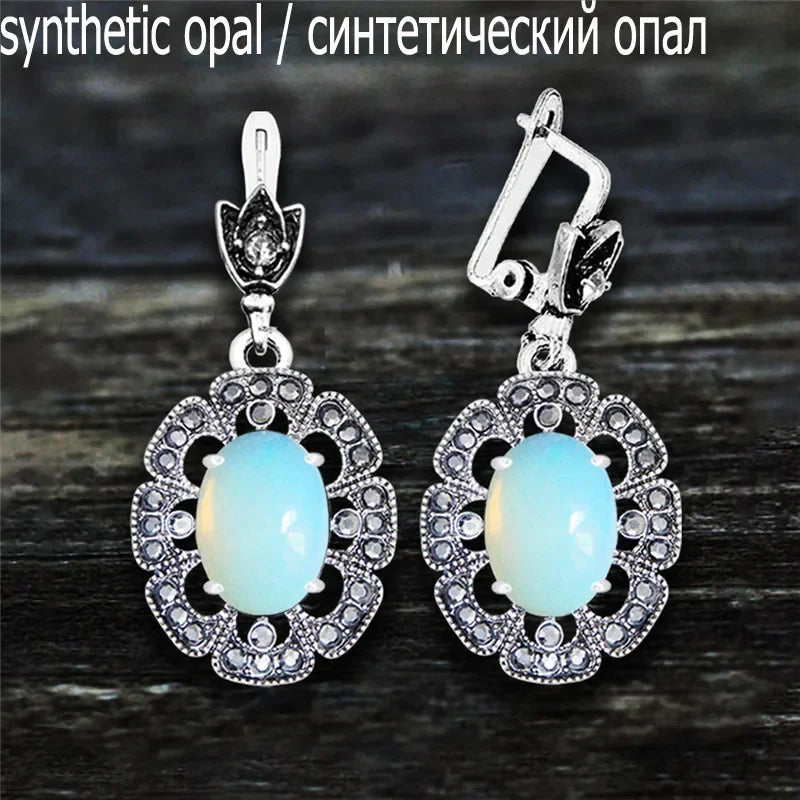 Vintage Plumflower Natural Jades Quartz Earrings For Women Antique Silver Plated Lapis Lazuli Tiger Eye Stone Fashion Earring - Charlie Dolly