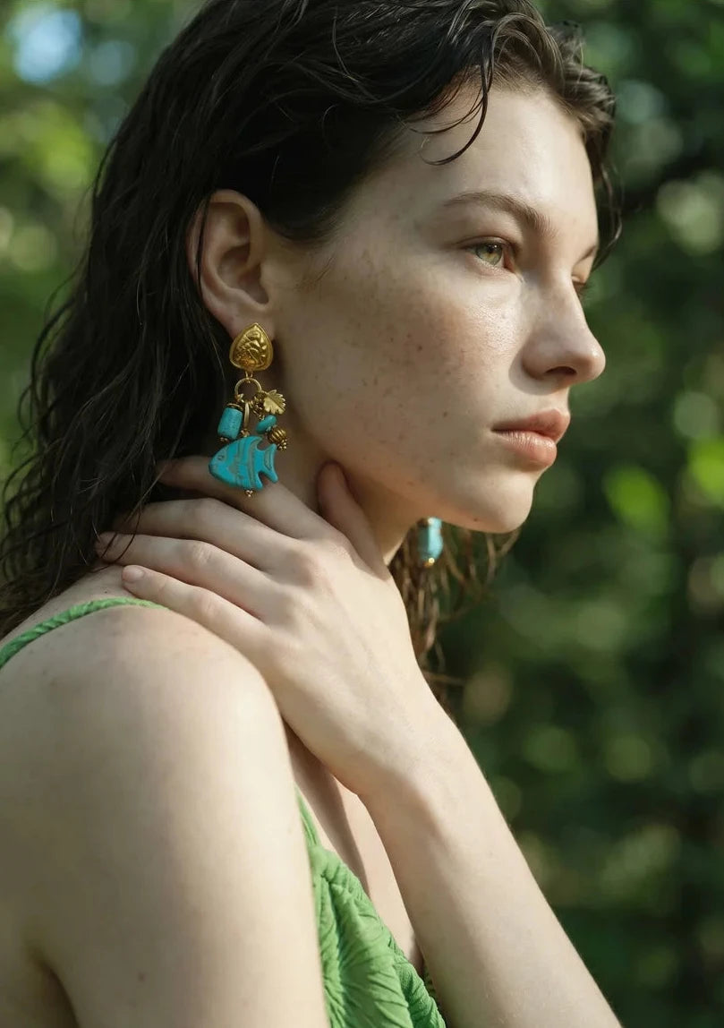 Blue Stone Fish Drop Earrings, 18K Gold Ocean Summer Stainless Steel Jewelry