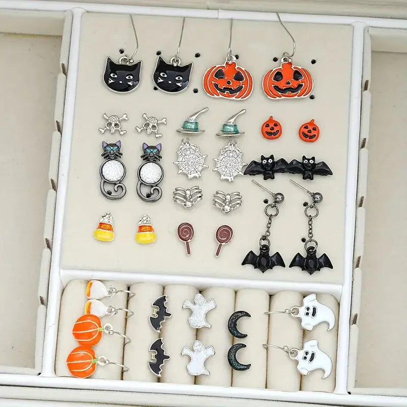 36 Pcs Halloween Earrings Set for Women Vintage Cute Ghosts Black Cats Pumpkins Bats Spiders Drop Stainless Steel Ear Needle - Charlie Dolly