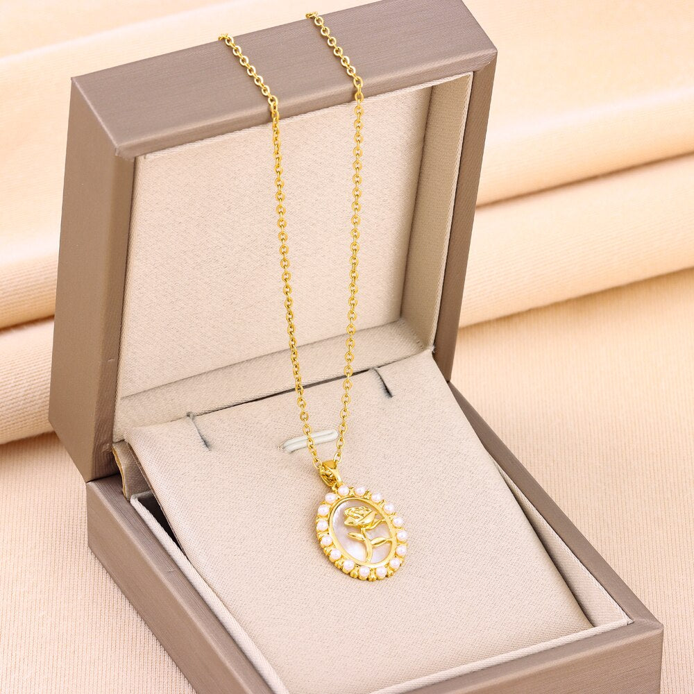 Vintage Style Oval Pearl Rose Pendant Stainless Steel Necklaces For Women Elegant Ladies Neck Chain Jewelry - Charlie Dolly