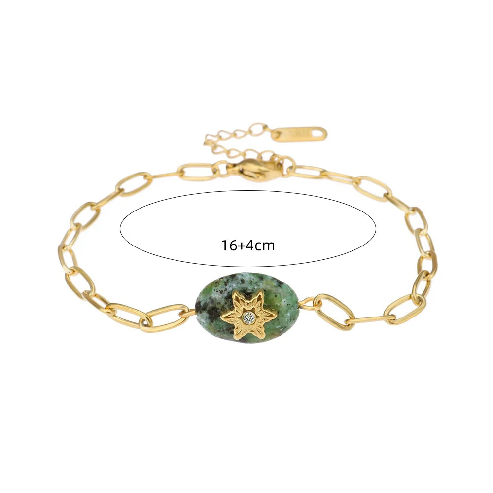 WILD & FREE Boho Vintage Green Natural Stone Bracelets for Women Stainless Steel Trendy Charms Aesthetic Jewelry Set - Charlie Dolly