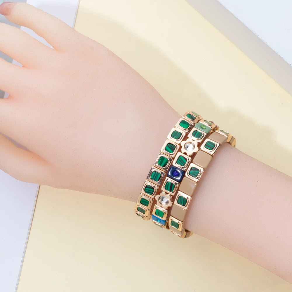 2023 New Design 8x8mm Inlaid Nature Stone Bracelets For Women Gold Color Boho Elastic Bangle Handmade Inlaid Diamond Jewelry - Charlie Dolly