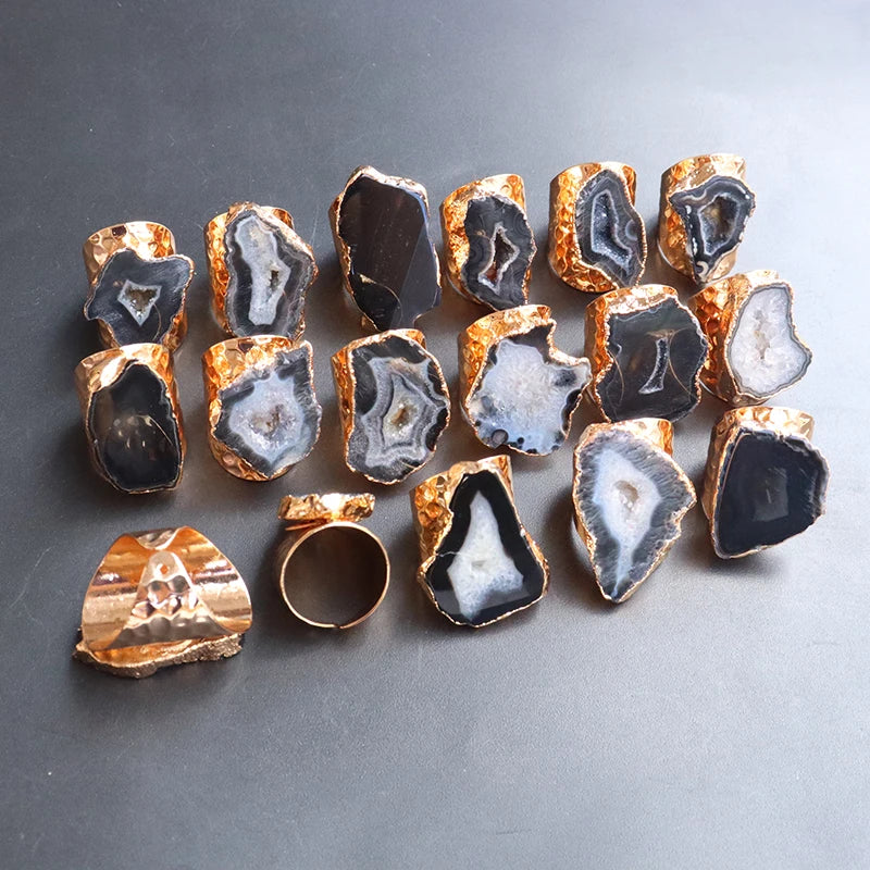 Irregular Geode Stone Agate Slices Open Ring Unisex Black Color Boho Resizable Finger Jewelry - Charlie Dolly