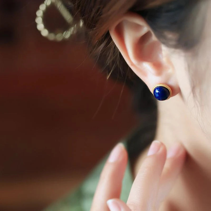 Lapis lazuli classic round bead earrings woman exquisite retro court style deep blue earings stud banquet fine jewelry gifts - Charlie Dolly