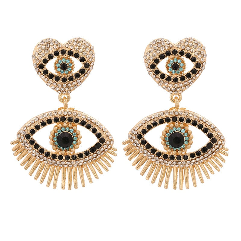 JUJIA Trendy Ethnic Love Heart Shape Evil Eye Drop Earrings For Women Vintage Statement Crystal Dangle Earring Jewelry Gift
