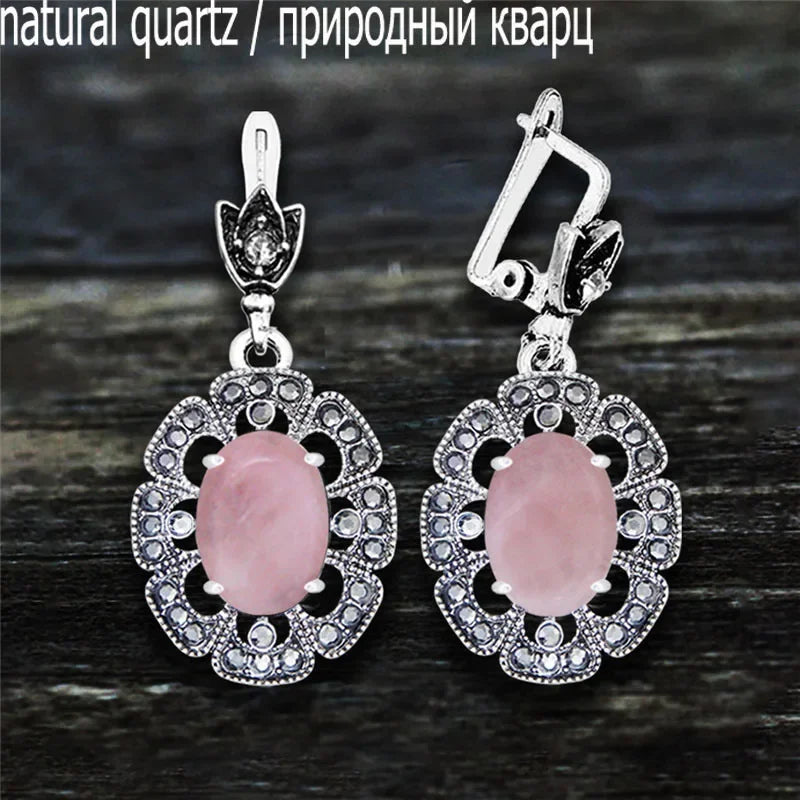 Vintage Plumflower Natural Jades Quartz Earrings For Women Antique Silver Plated Lapis Lazuli Tiger Eye Stone Fashion Earring - Charlie Dolly