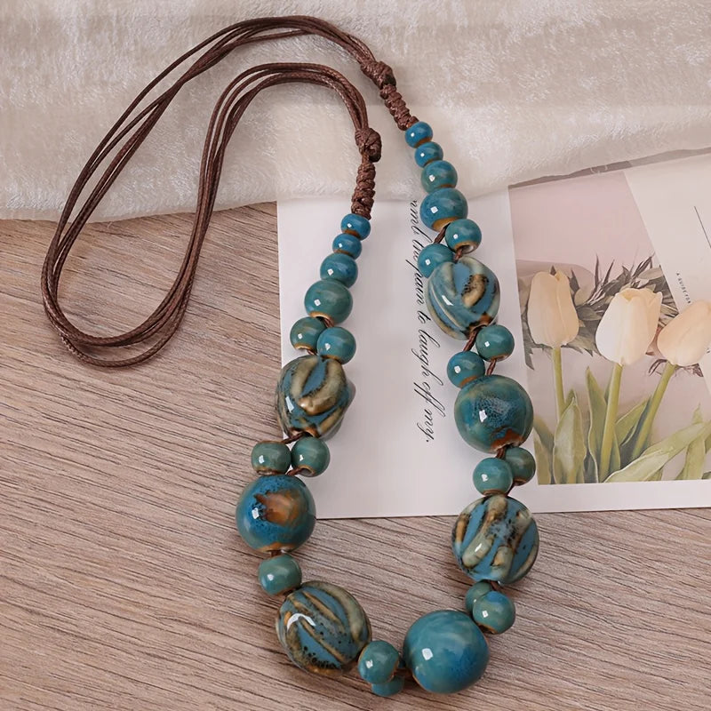 Hand Woven Ceramic Bead Adjustable Necklace Jewelry