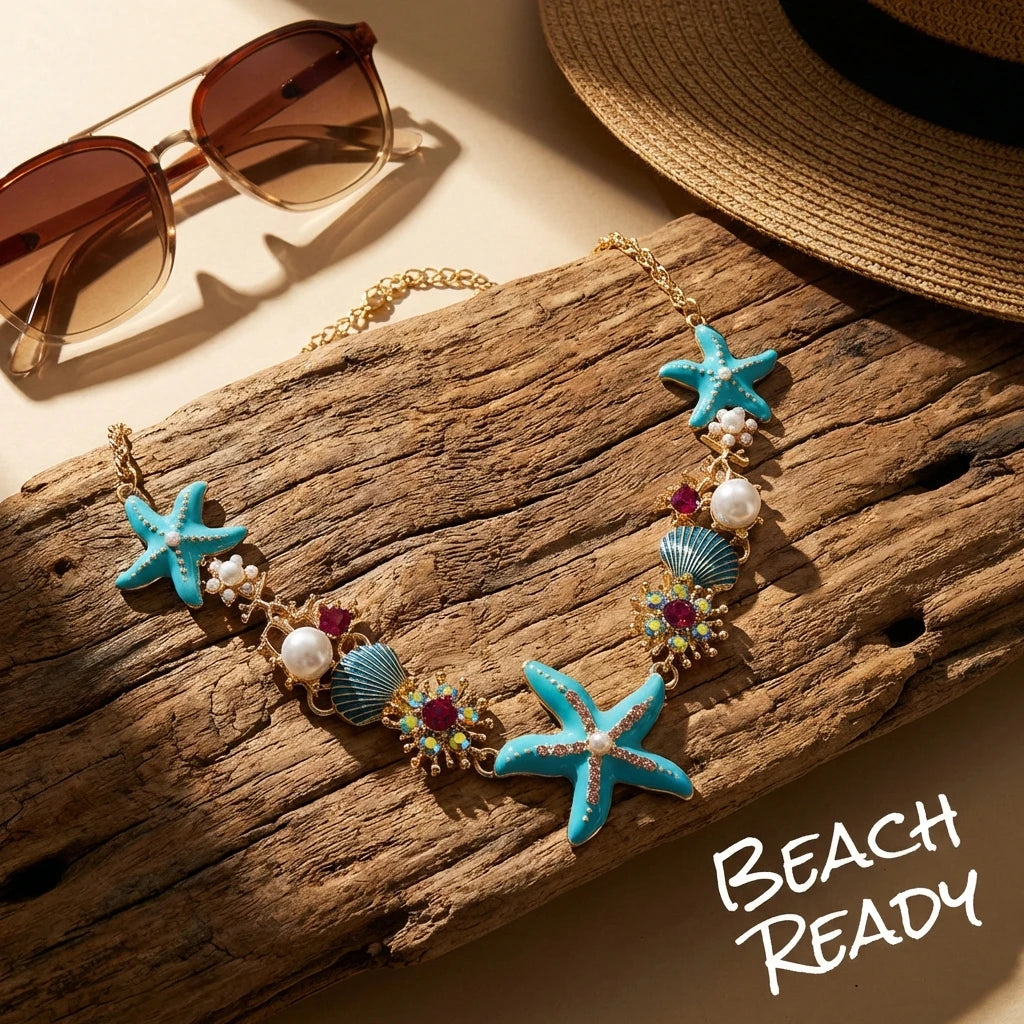 Starfish Shell and Zircon Boho Choker and Bracelet Set