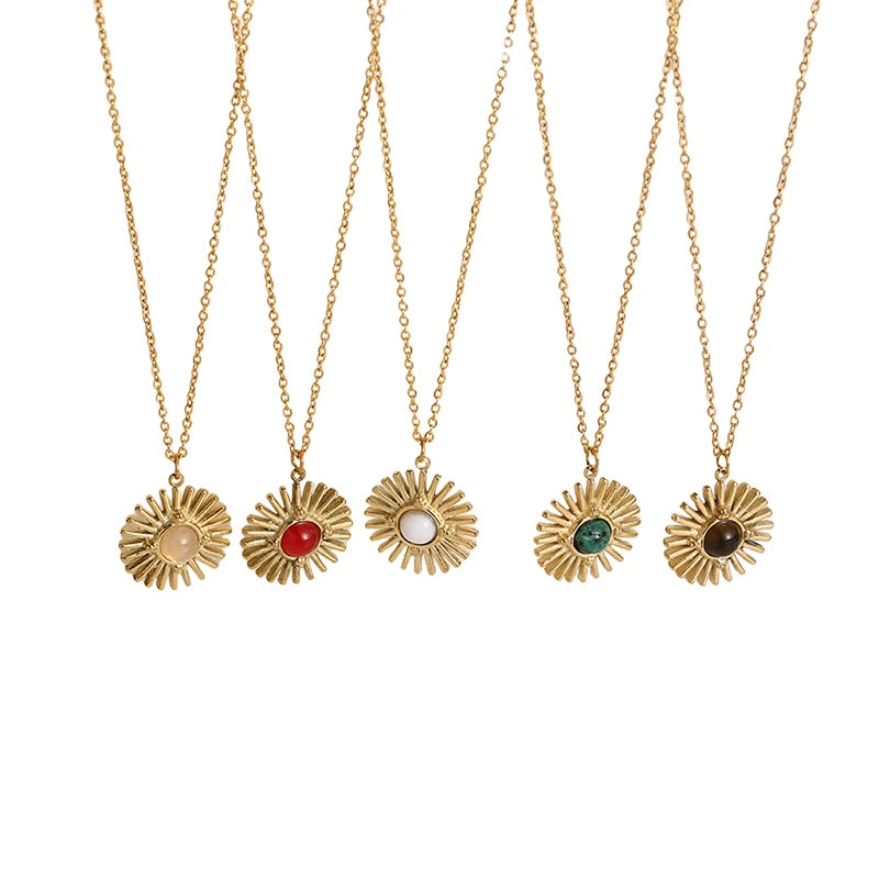 Boho Natural Stone Sun Flower Necklace for Women Bohemian Retro Stainless Steel Necklace Choker Necklaces Fashion Jewelry - Charlie Dolly