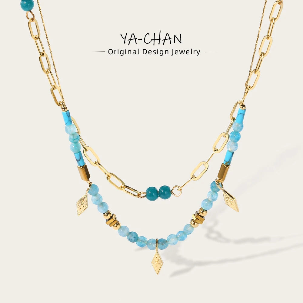 Blue Acrylic Bead Layered Charm Necklace Jewelry