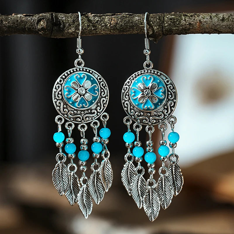 Blue Enamel Feather Crystal Long Earrings Jewelry