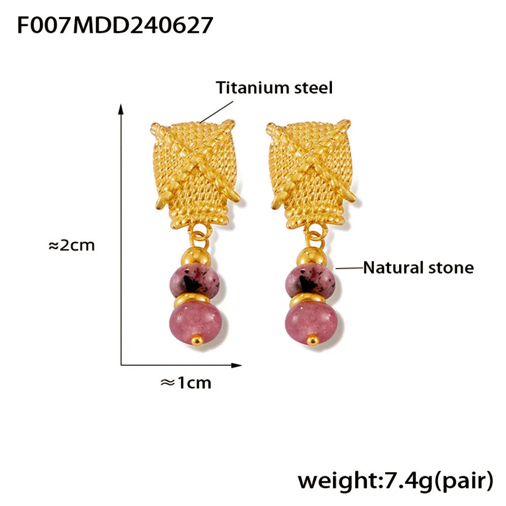 Multi-Color Natural Stone Dangle Earrings, Waterproof Stainless Steel Boho Jewelry