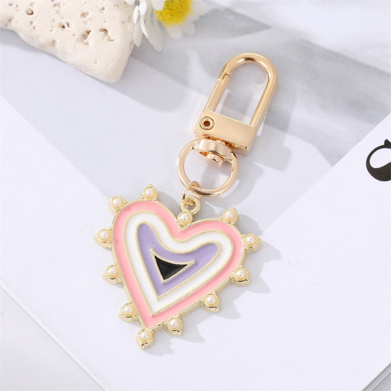 Rainbow Pearl Heart Evil Eye Couple Keychain For Friend Lovers Gift Blue Eye Bag Car Airpods Box Keyring Valentine's Day Jewelry