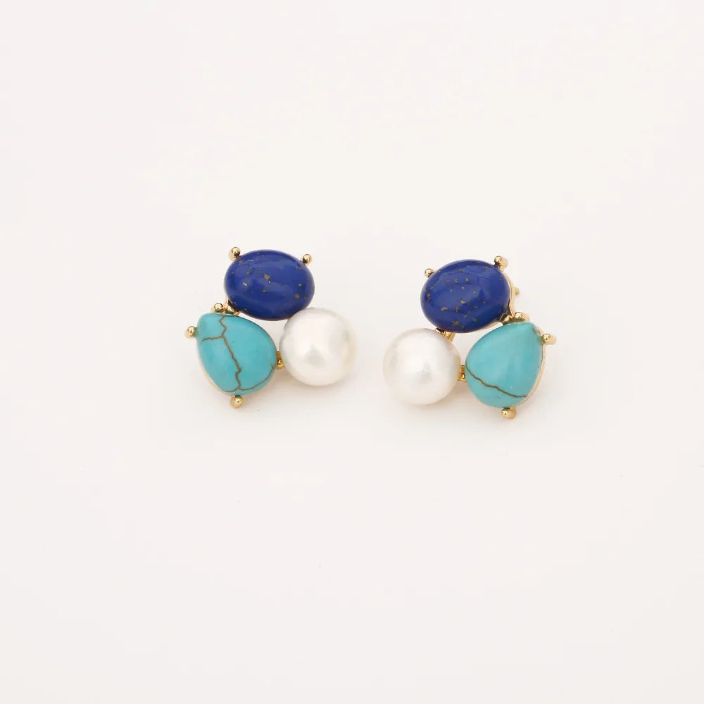 Natural Lapis Lazuli Geometric Pearl French Elegant Temperament High-end Silver Needle Earrings for Women Jewelry. - Charlie Dolly