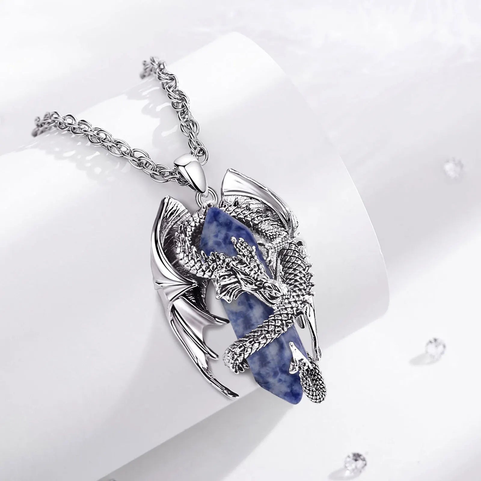 Natural Dumortierite Dragon Pendant Necklace, Hexagonal Blue Healing Crystal Amulet