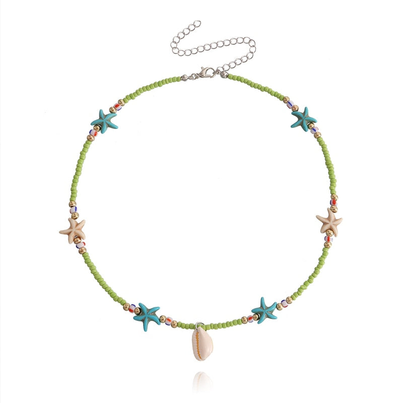 Necklace Boho Colorful Beads Starfish with Sea Shell Pendant Women Handmade Chic Jewelry