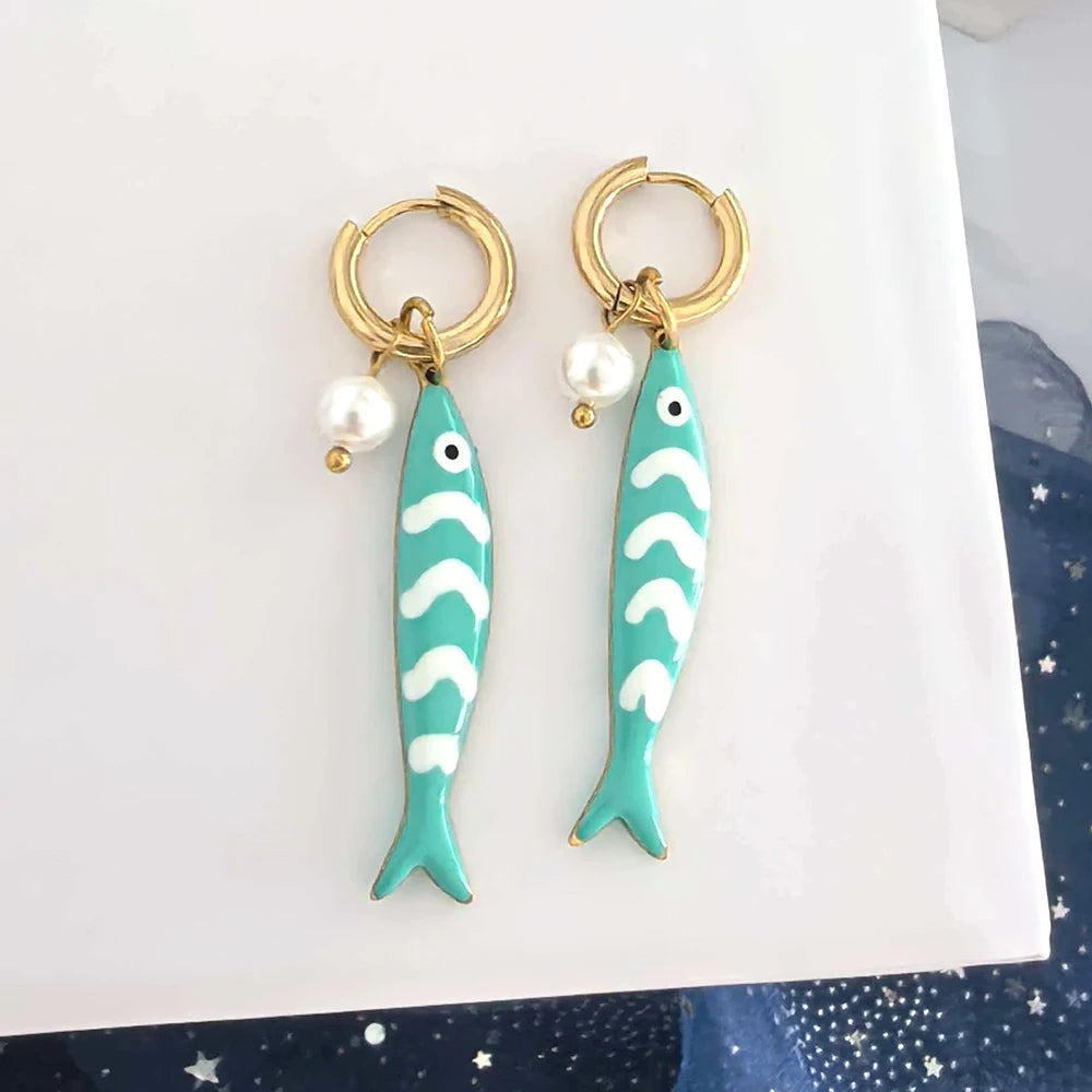 Fish Pearl Gold Hoop Drop Earrings Jewelry