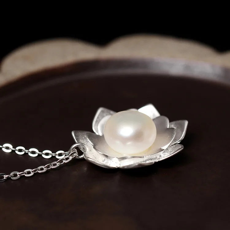White Lotus Shell Pearl Pendant, Ocean Bloom Spiritual Talisman
