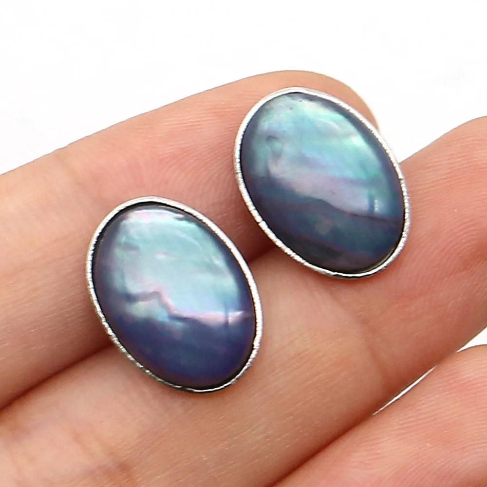 Natural Lapis Lazuli Stud Earrings Oval Shape Imitation Abalone Shell Stainless Steel Simple Ear Jewelry for Women Earring Gifts - Charlie Dolly
