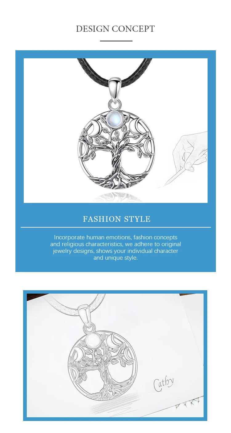 S925 Sterling Silver Tree of Life Moon Phase Necklace, Triple Moon Goddess Moonstone Amulet