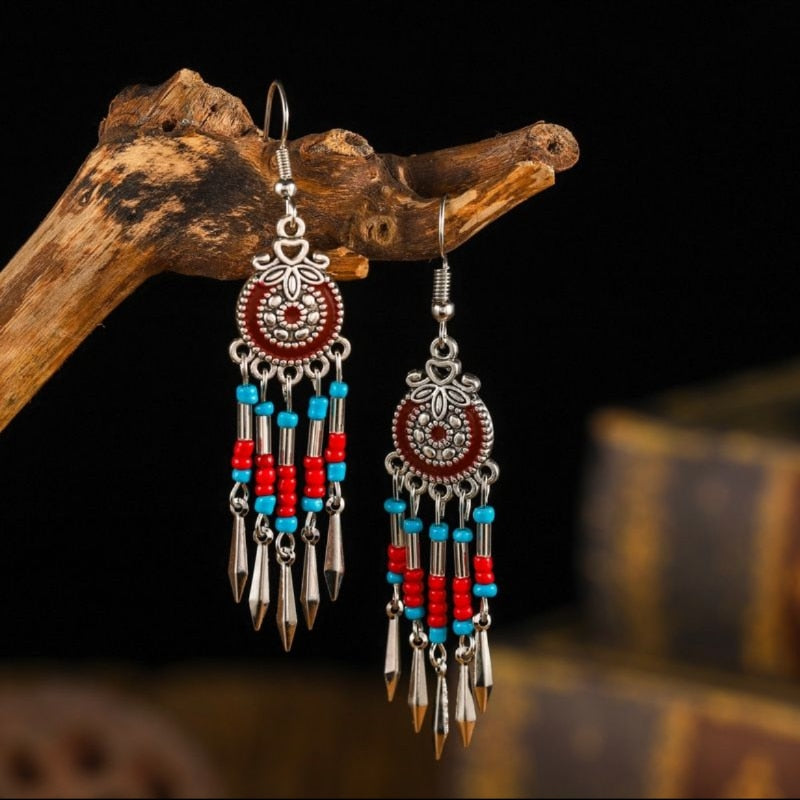 Vintage Bohemian Ethnic Style Earrings Long Rice Bead Tassel Earrings FOR WOMEN Alloy Dripping Oil Long Tassel Earrings - Charlie Dolly