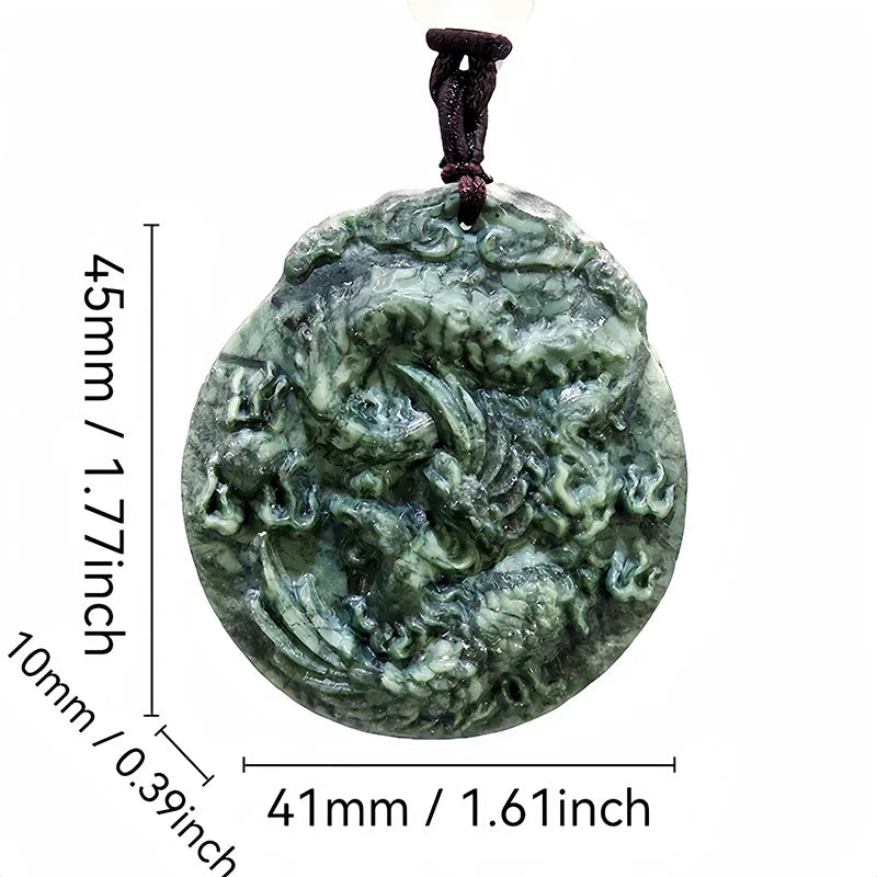 Dark Green Jade Dragon Fox & Owl Pendant Necklace, Carved Amulet Zodiac Talisman