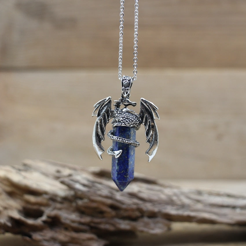 Quartz Dragon Man Necklace Gem Stone Healing Crystal Hexagonal Pendant Lapis Amethysts Animal Vintage Jewelry for Women