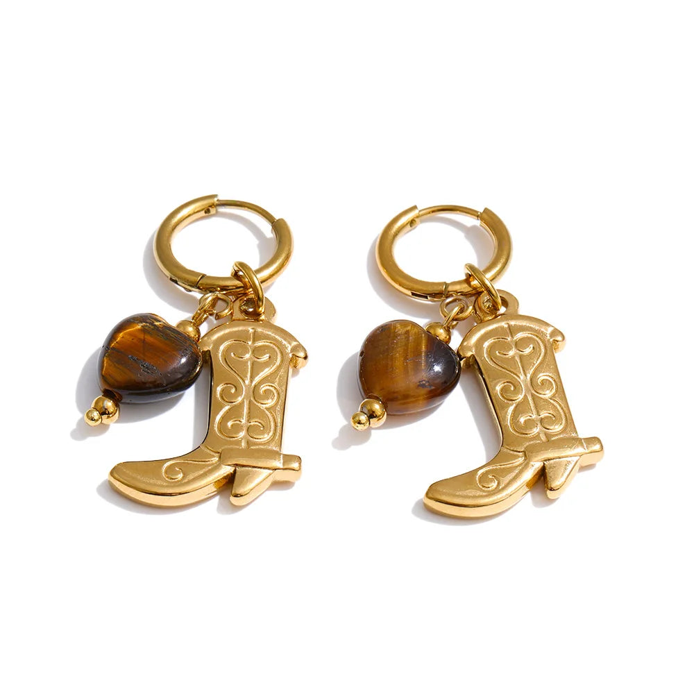 Natural Tiger Stone Boot Charm Drop Hoop Earrings, Stainless Steel Vintage Jewelry
