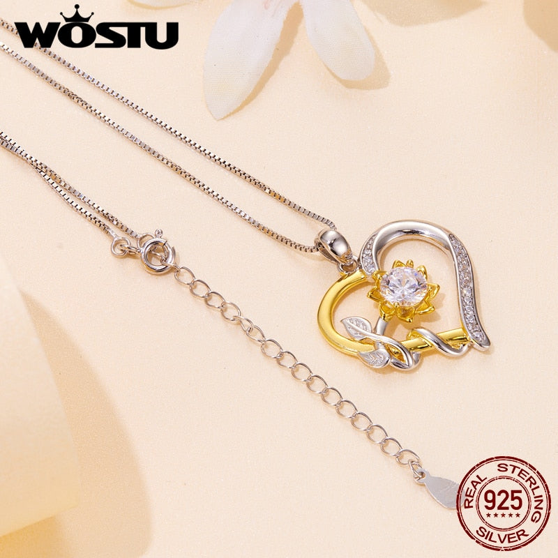 WOSTU 1.0 CT D Moissanite Heart Shape Sunflower Charm Necklace for Women Birthday Gift Double Color Yellow Gold 925 Silver Links