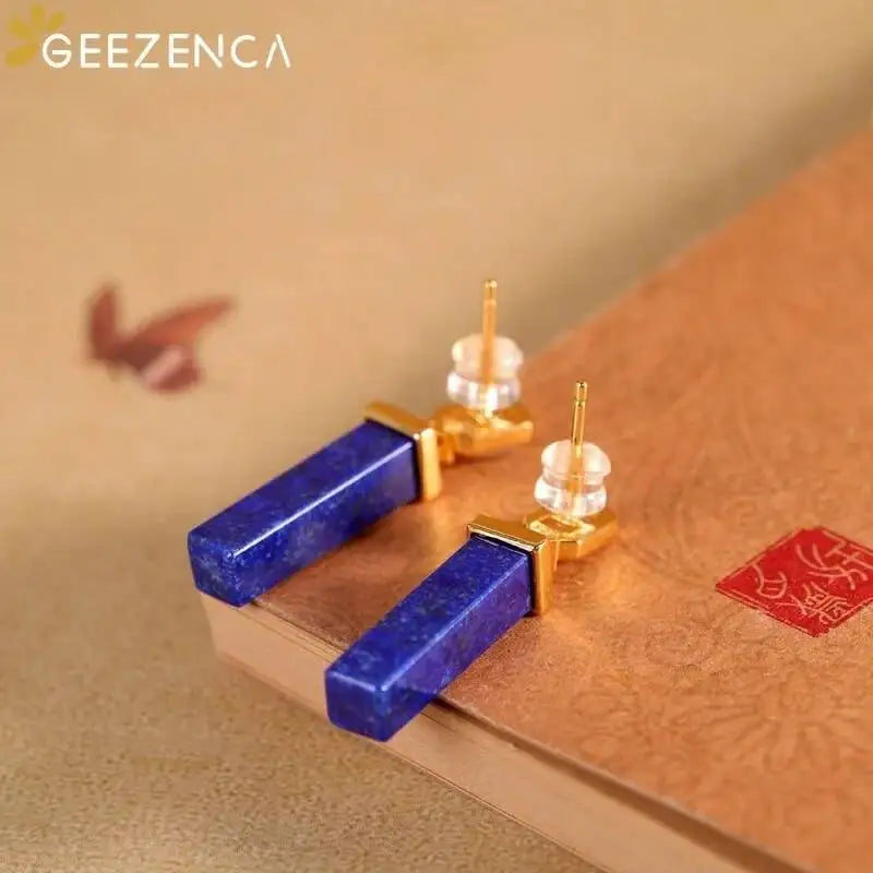 GEEZENCA 925 Silver Gold Plated Lapis Lazuli Bar Charm Dangle Drop Earrings Women CZ Geometric Oblong Simple Trendy Earring Gift - Charlie Dolly