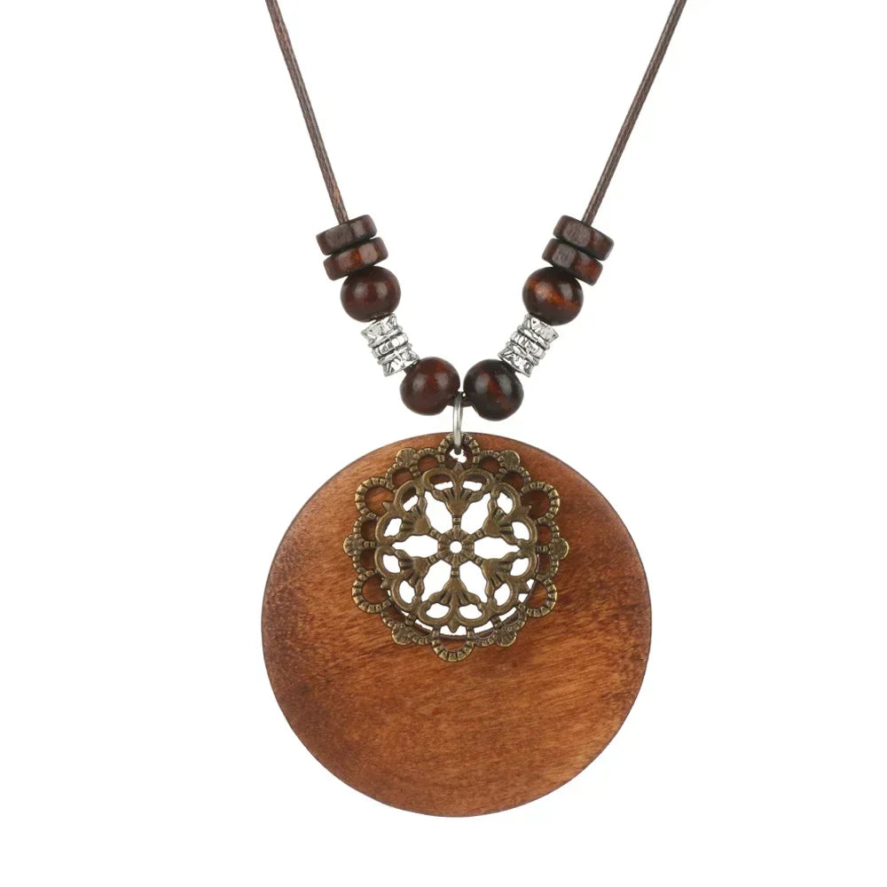 Nepal Wood Bead Mala Pendant Necklace Jewelry