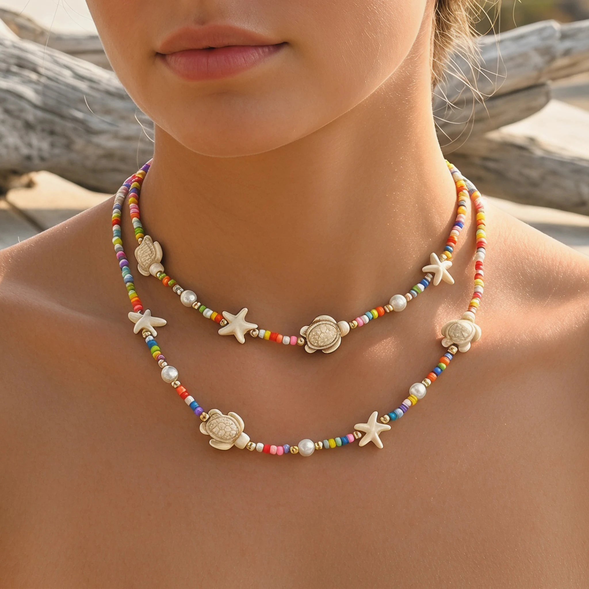 Turtle Starfish Beaded Layered Choker Necklace Jewelry