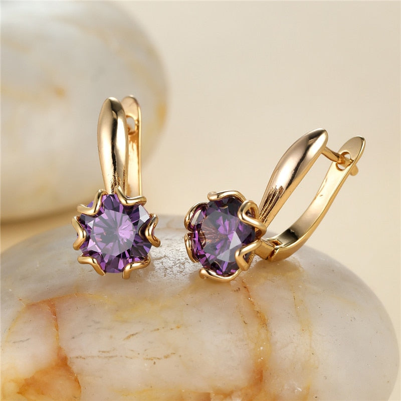 Cute Female Round Stone Hoop Earrings Rainbow Crystal Multicolor Zircon Earrings Boho Rose Gold Color Wedding Earrings For Women