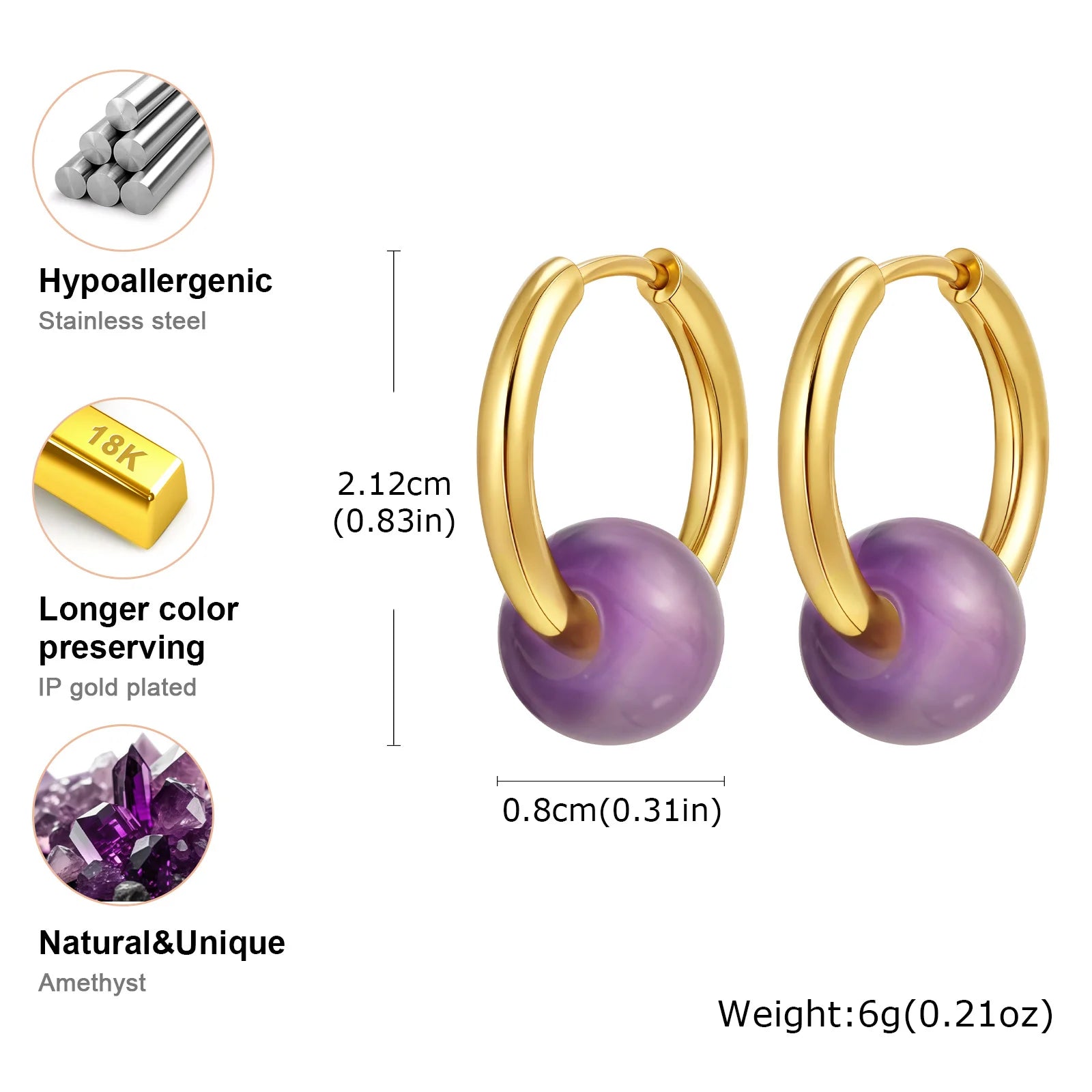 Natural Amethyst Beaded Hoop Earrings, Gold-Plated Stainless Steel Waterproof Jewelry