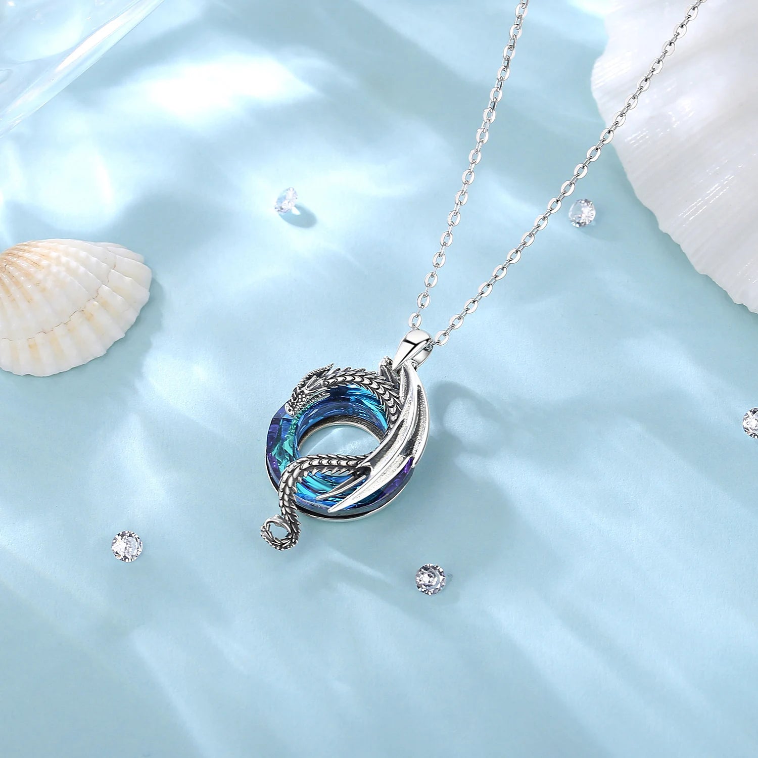 Dragon Amulet Necklace with Austrian Crystal, S925 Sterling Silver